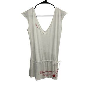 Jennyfer White Red Graphic V-Neck Drawstring Tunic Dress Size Large Indie Retro